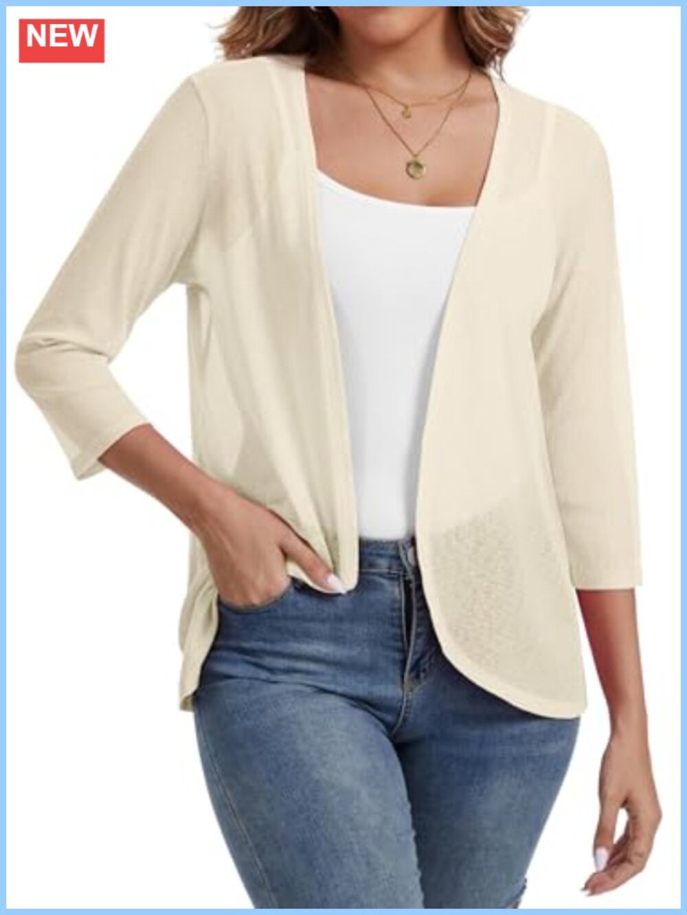 Womens Lightweight Open Front Cardigan 3/4 Sleeve V-Neck Summer Coverup